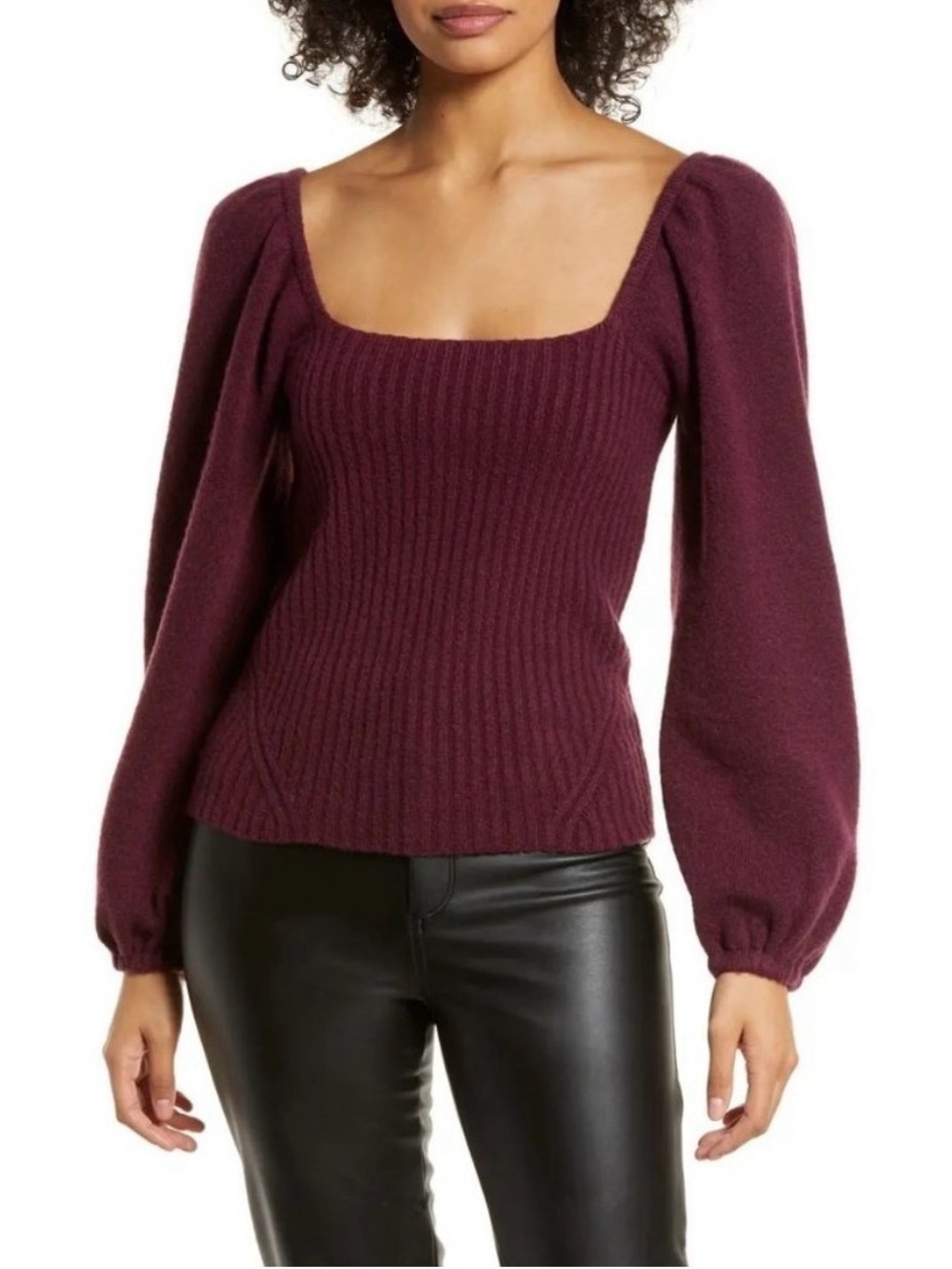 Halogen Fig Puff Sleeve Square Neck Knitted Sweater Maroon Burgundy size large